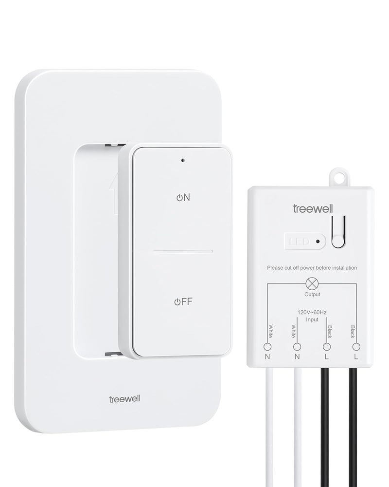 treewell Wireless Light Switch and Receiver Kit, 200FT RF Range Remote Control Light Switch, No Rewiring, No Interference, Wireless Wall Switch for Ceiling Light, Fans, Lamps, Pre-Programmed - Image 1